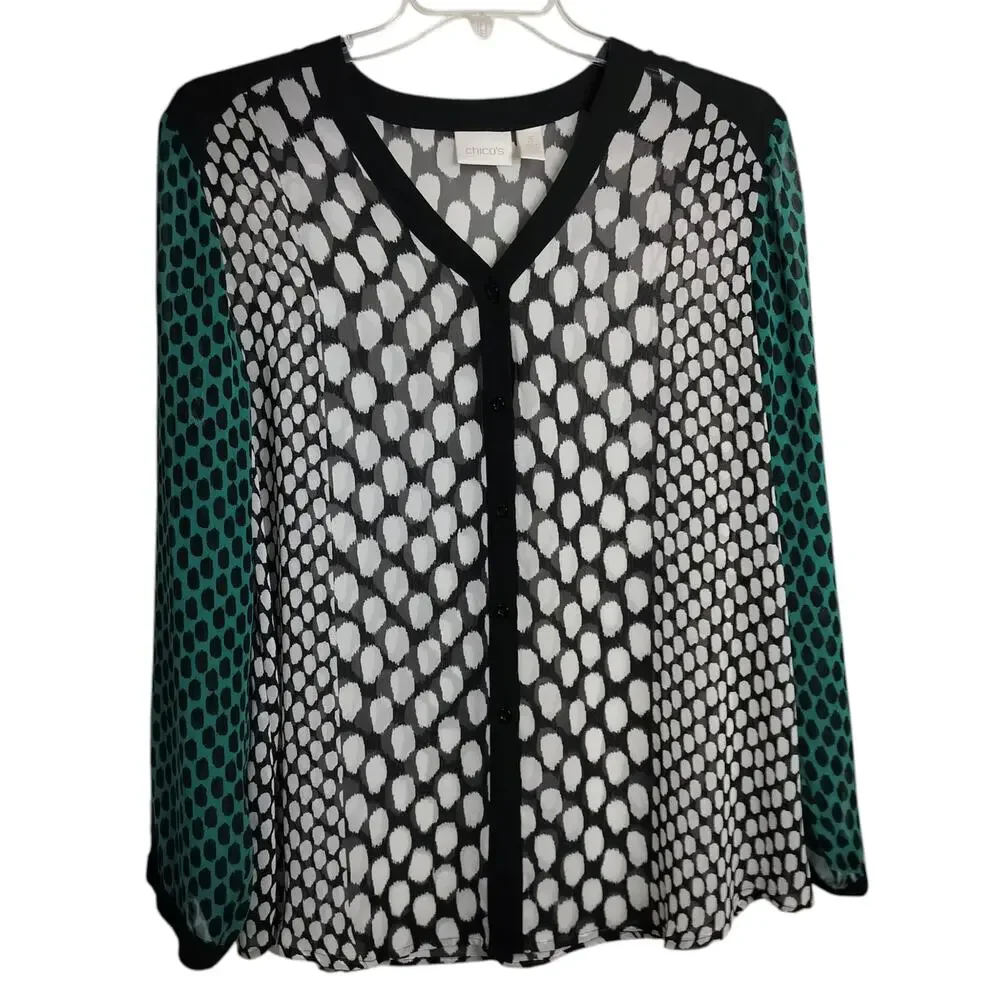5146)Chico's Sheer Multicolor Geo print Long Sleeve V Neck  Blouse 3(US XL/16) - Picture 2 of 8